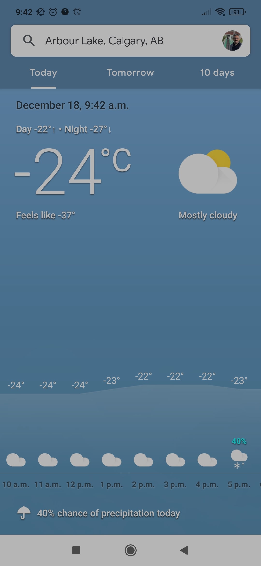 Une capture d'écran de l'application météo de mon téléphone affichant -24 degrés, ressenti comme -37 !